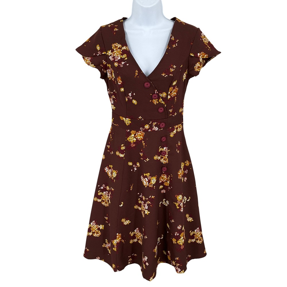 ModCloth Dress Womens S Burgundy Floral Short Sleeve Boho Fit Flare Cottagecore